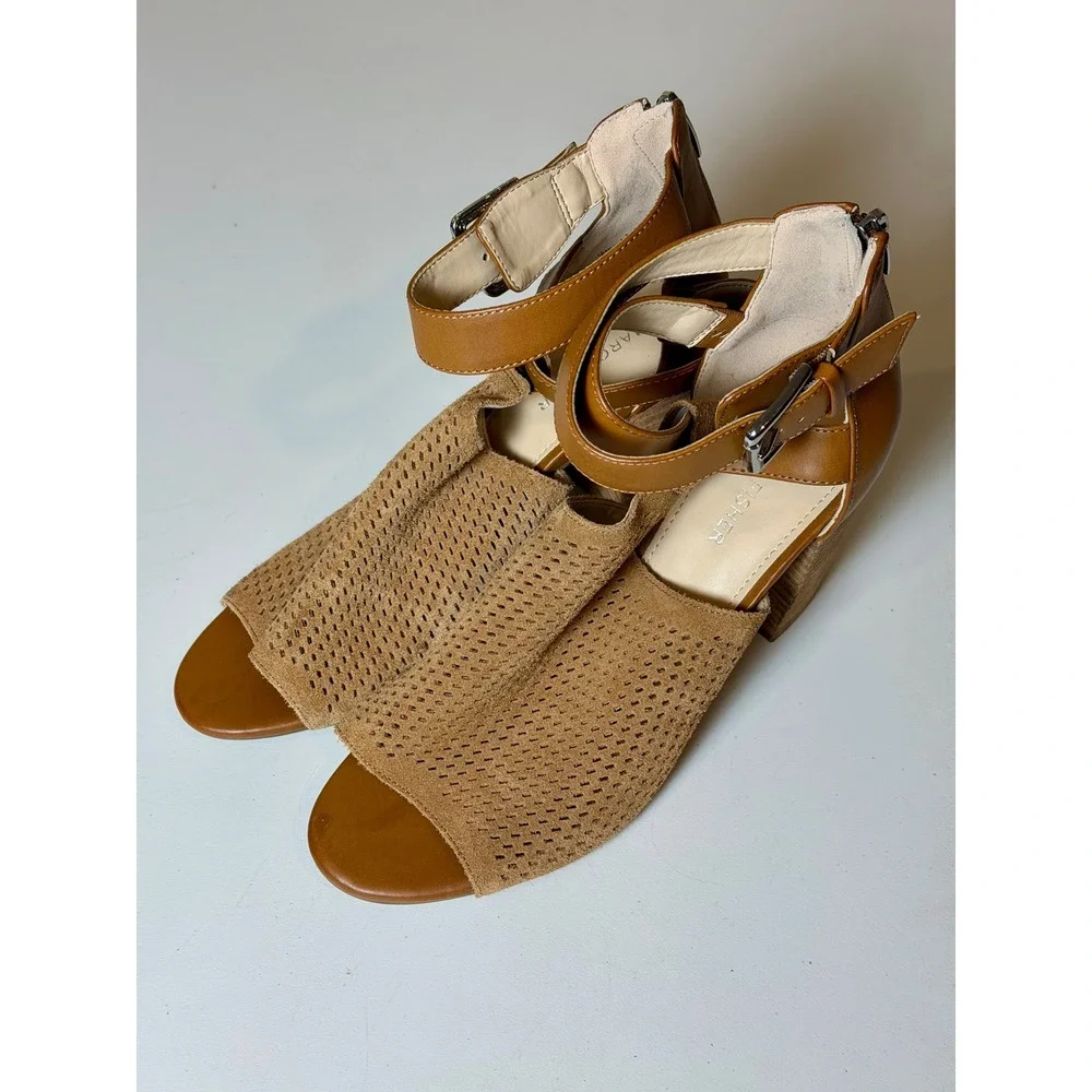 Marc Fisher Gabie Tan Perforated Suede Block Heel Sandals Womens 9.5M Leather‎
